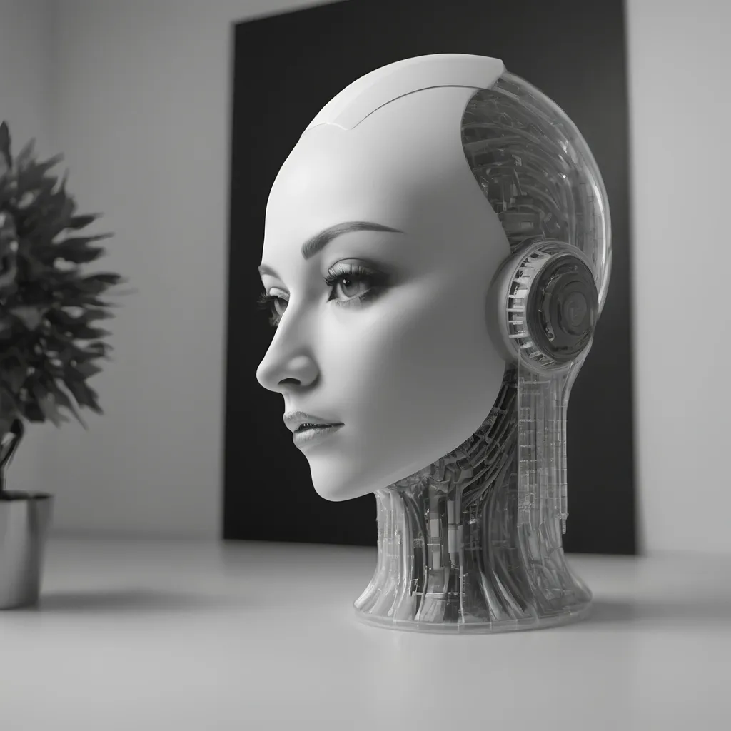 Prompt: a white mannequin robot head with a plant in the background and a black and white photo