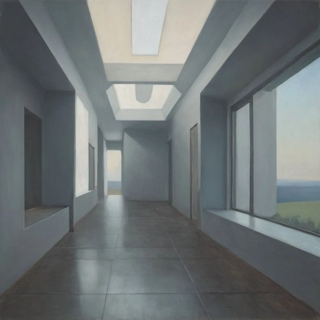 Prompt: a painting of a hallway with a skylight above it and a window to the left of the room