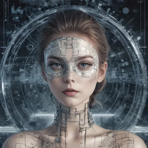 Prompt: a woman with a futuristic face and body in front of a futuristic background with a futuristic circuit