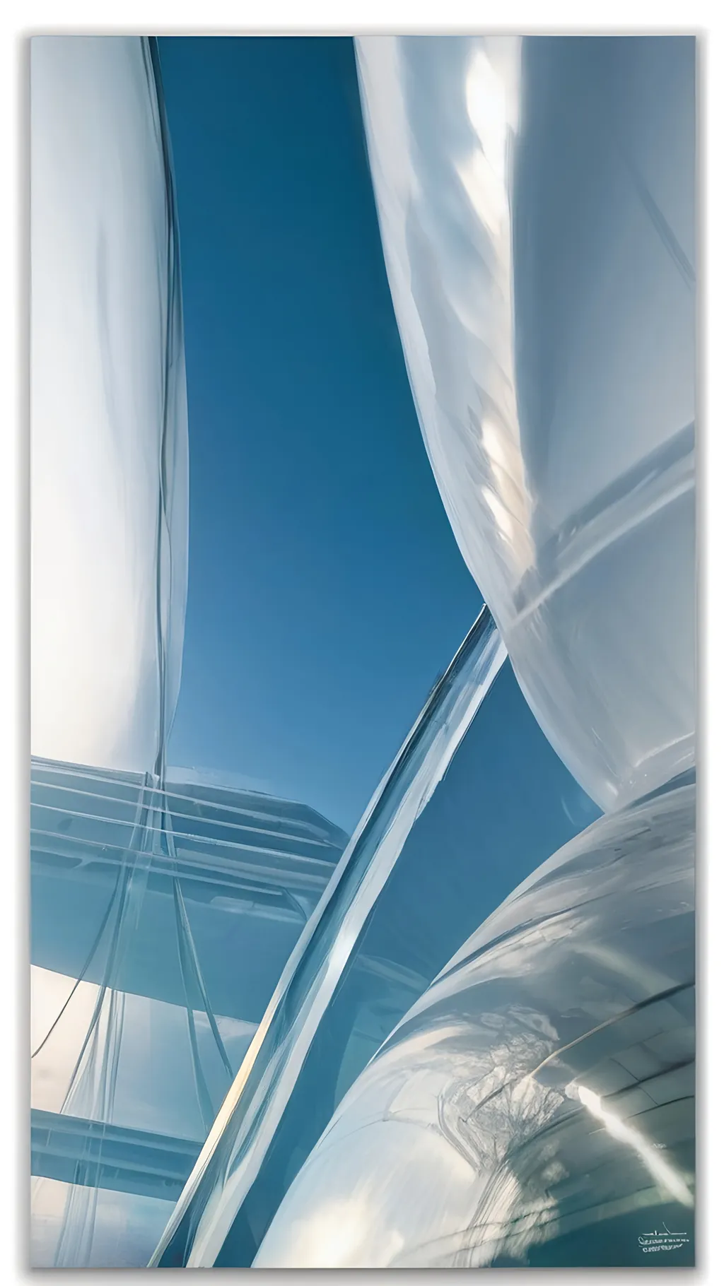 Prompt: Translucent forms ascend strikingly against a vivid blue sky, with smooth surfaces that catch and reflect light, creating an ethereal quality. The composition features curved, glossy structures intertwined with sleek, angular lines, hinting at a modern architectural design. The bright, sunlit ambiance enhances the clean lines and reflective qualities, conveying a sense of openness and fluidity. This image evokes a feeling of harmony between the organic shapes and the expansive sky, encapsulating a narrative of innovation and elegance in contemporary design.