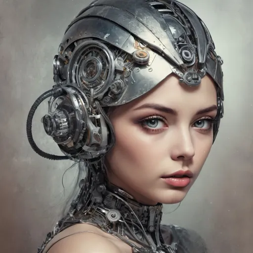 Prompt: a woman with a helmet made of gears on her head, looking at the camera, cyber