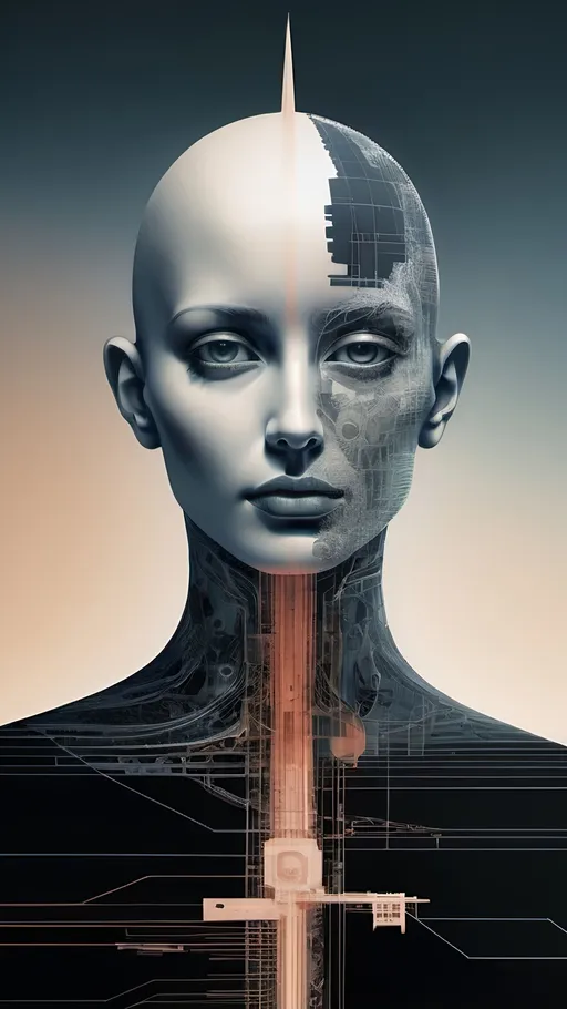 Prompt: a woman with a futuristic head and a cross on her face, with a futuristic background and lines of lines, cybernetics, cyberpunk art