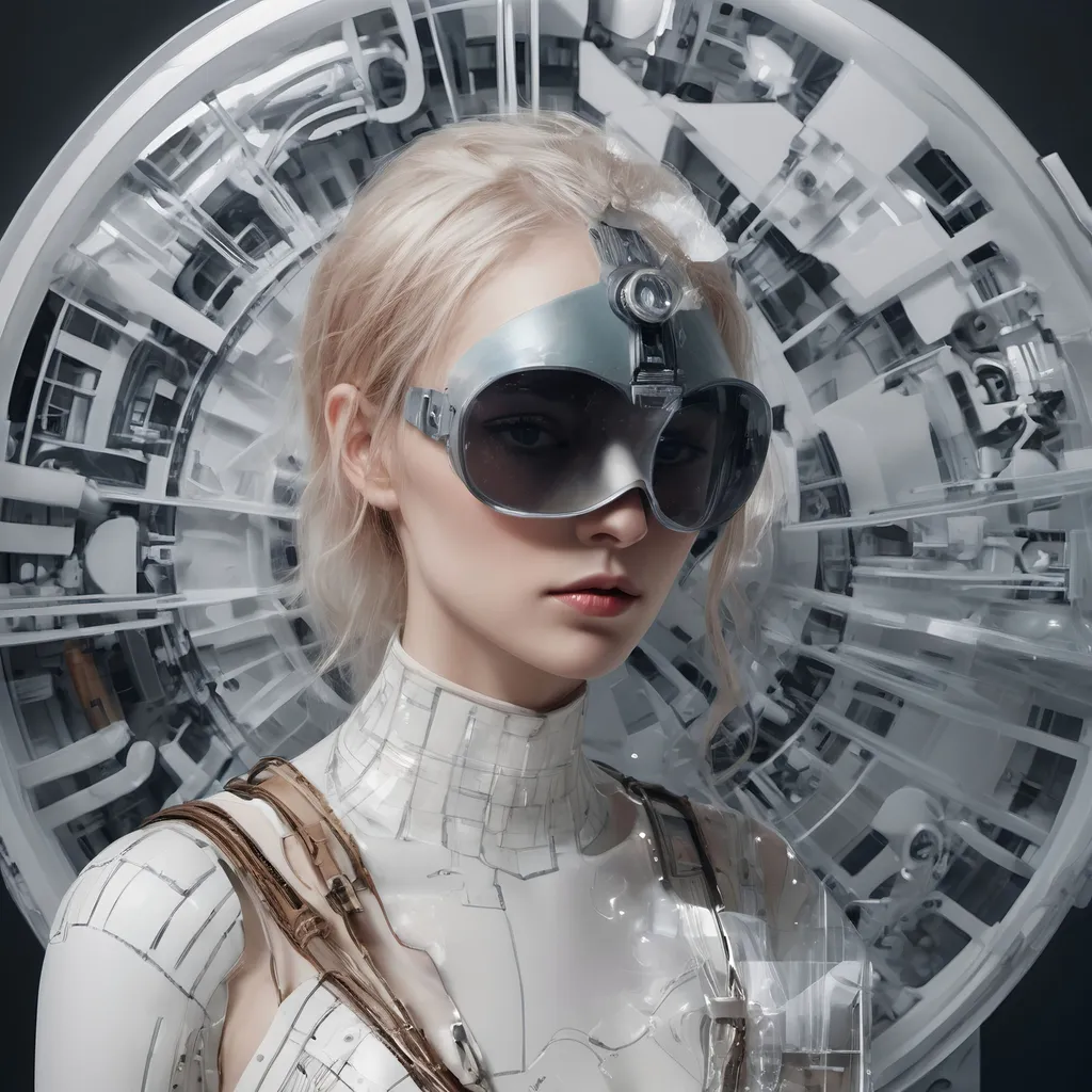 Prompt: a woman with futuristic goggles on her face and a futuristic background behind her is a circular object