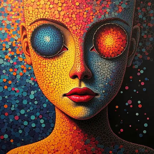 Prompt: a painting of a woman with circles on her face and eyes, with a blue background and a red circle in the center, kinetic pointillism, a pointillism painting