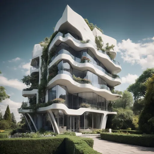 Prompt: a tall building with a lot of windows and plants on it's side and a lot of bushes on the other side,  modernism, archdaily, a digital rendering
