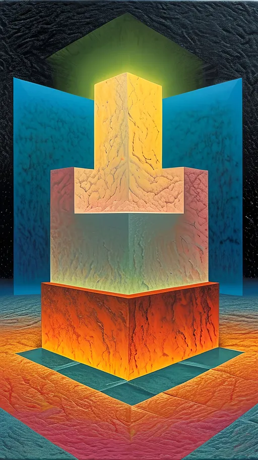 Prompt: a painting of a cube with a bright light coming from it's center and a bright light coming from the top, objective abstraction, an abstract sculpture