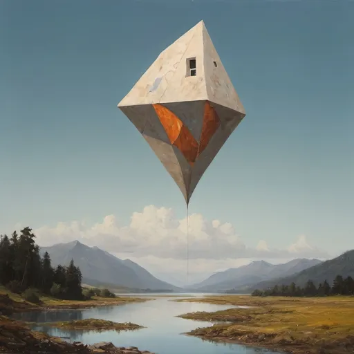 Prompt: a painting of a kite flying over a lake and mountains with a sky background and a lake below it