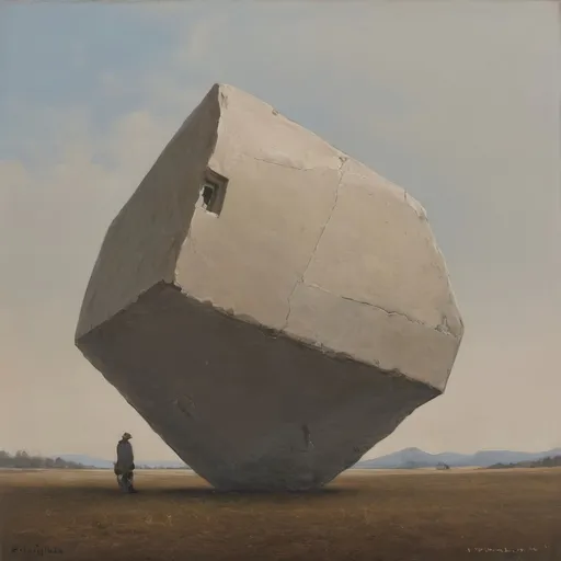 Prompt: a painting of a man standing in front of a large rock in a field with a sky background and a person standing in the distance