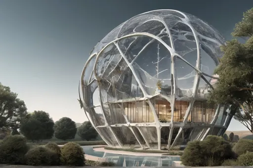 Prompt: a large glass structure with a tree in the background and a pool in the foreground with a building in the middle, solarpunk, a digital rendering