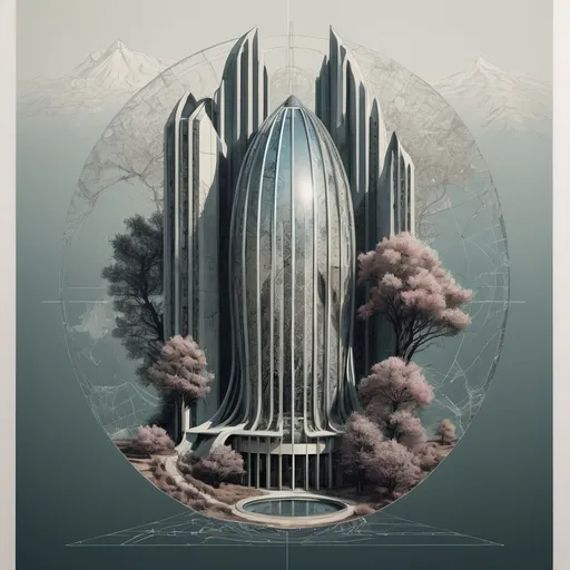 Prompt: a futuristic building with trees and mountains in the background, with a circular mirror over it that shows a waterfall, an art deco painting