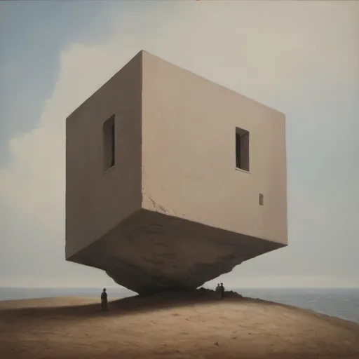 Prompt: a large white cube sitting on top of a sandy beach next to the ocean with two people standing in front of it
