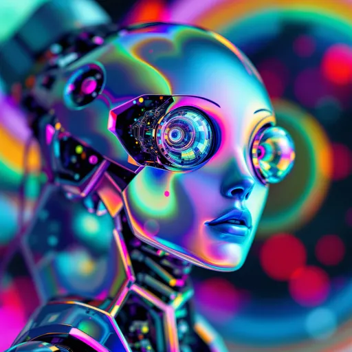 Prompt: With a striking blend of metallic hues and iridescence, a futuristic humanoid robot gazes into the distance, its oversized, glassy eyes reflecting intricate digital patterns. The robot's face, meticulously crafted, features smooth, shiny surfaces that capture a spectrum of vibrant colors, from deep blues to radiant purples, creating a mesmerizing visual effect. In the background, abstract shapes and colorful bokeh further enhance the scene, hinting at a lively, high-tech environment. The meticulous detailing of the robot’s features juxtaposed with the vivid, blurred backdrop contributes to a dynamic and otherworldly atmosphere, celebrating the intersection of technology and artistry. A sense of curiosity emanates from the character, inviting viewers into a narrative of innovation and possibilities.