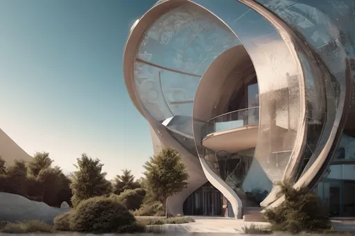 Prompt: a futuristic building with a spiral staircase and a circular entrance to the building is surrounded by trees and bushes, modernism, archdaily, a digital rendering
