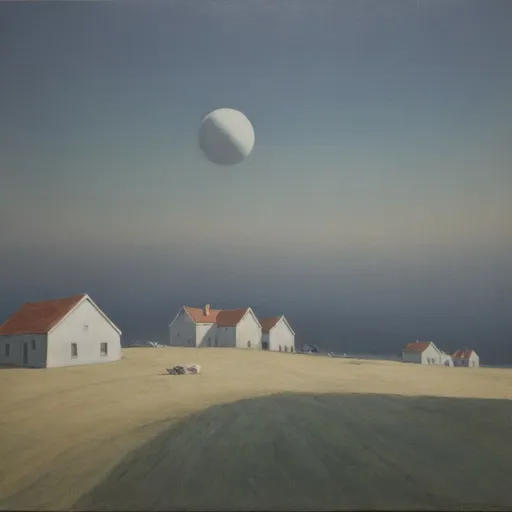 Prompt: a painting of a house and a white ball in the sky above a field with houses and a beach, a hyperrealistic painting