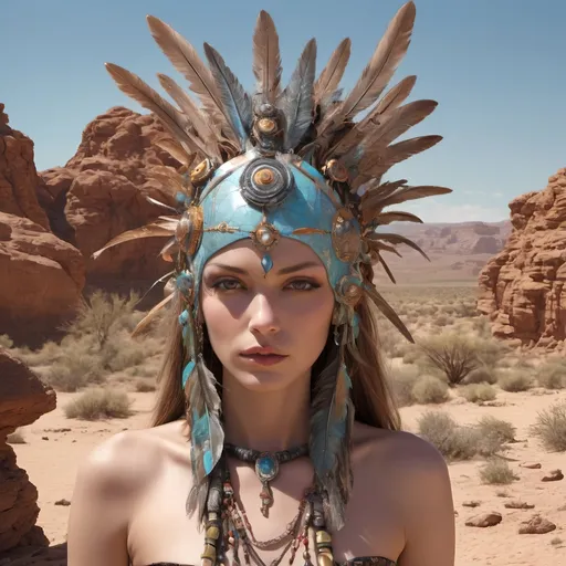 Prompt: a woman wearing a headdress with feathers on her head in the desert with a desert landscape in the background