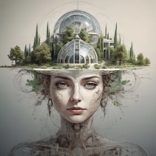 Prompt: a woman with a house on her head and trees on her head, with a house in the middle of the head, fantasy art, solarpunk, cyberpunk art