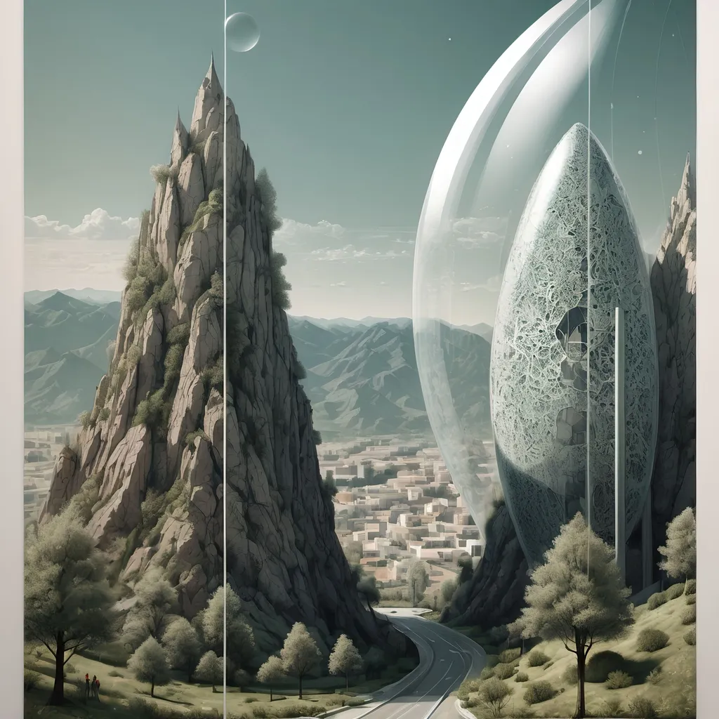 Prompt: a surreal scene of a mountain road with a giant egg in the middle of it and a city in the background, retrofuturism, sci fi fantasy, a detailed matte painting