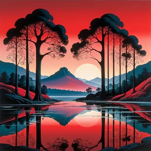 Prompt: a painting of a sunset with trees and a lake in the foreground and a mountain in the background