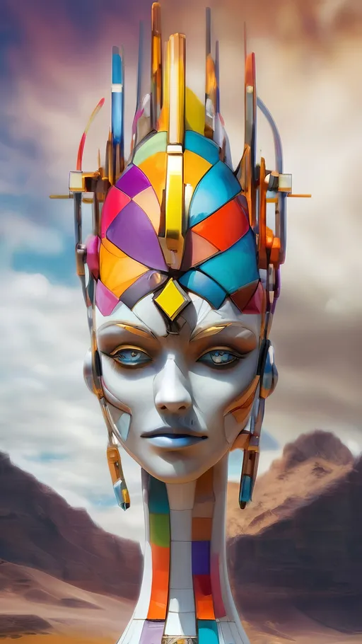 Prompt: a woman's head with a multicolored pattern on it and a mountain in the background with clouds