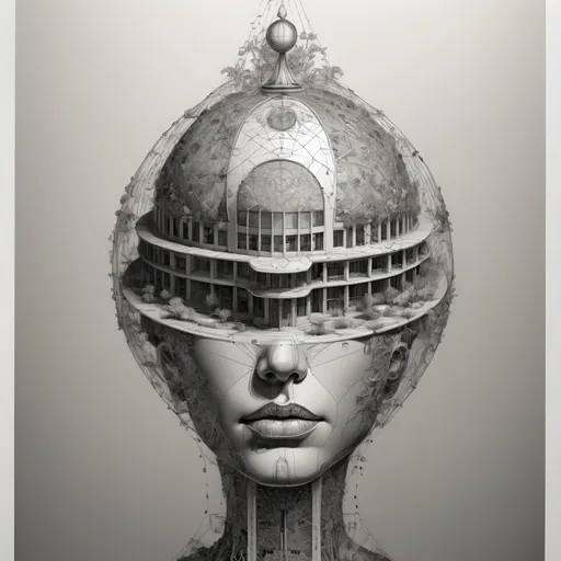 Prompt: a drawing of a woman's head with a futuristic building in the background and a futuristic building in the middle, constructivism, dystopian art, an ultrafine detailed painting