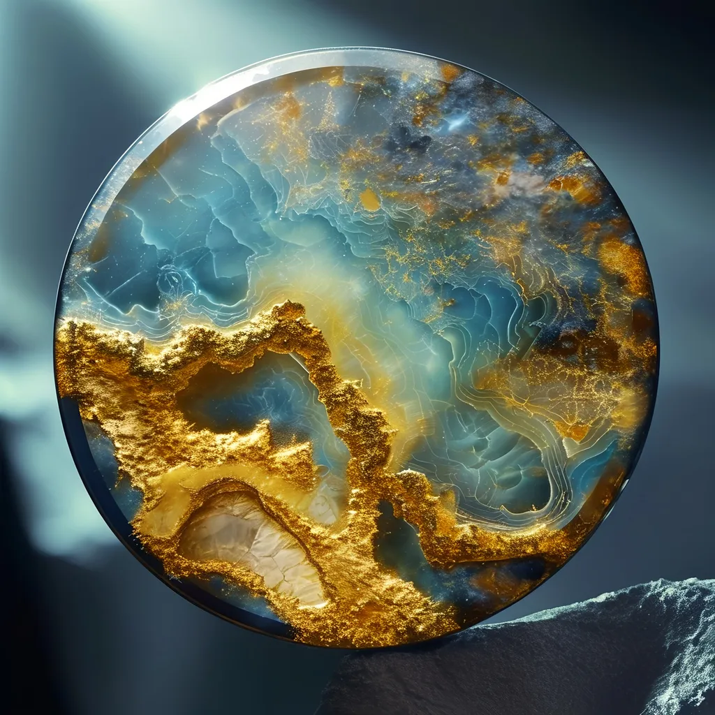 Prompt: Glowing with an ethereal quality, a striking circular slice of agate dominates the scene, adorned with intricate patterns of deep blues and vivid golds that resemble an abstract landscape. The transparency of the stone allows light to play through, highlighting its swirling designs that evoke the depths of an ocean or a celestial expanse. Surrounded by a softly blurred backdrop, the composition features gentle gradients of color which enhance the mineral’s natural beauty, creating a sense of tranquility and intrigue. The interplay of light and texture emphasizes the exquisite detail and rich layering inherent in this unique geological specimen, inviting a close examination of its mesmerizing patterns and colors.