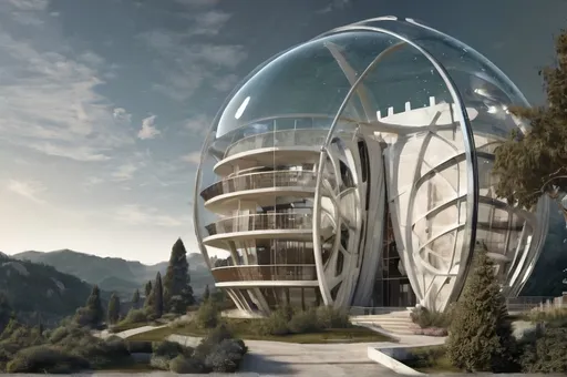 Prompt: a futuristic building with a large glass dome on top of it's roof and a walkway leading to it, futuristic, a digital rendering