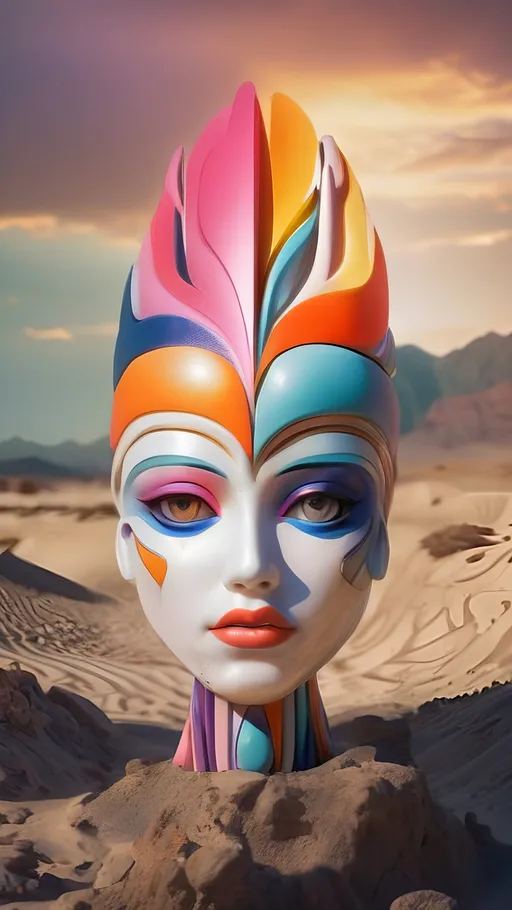 Prompt: a woman's head with colorful feathers on it in the desert with a sunset in the background and a mountain range in the distance