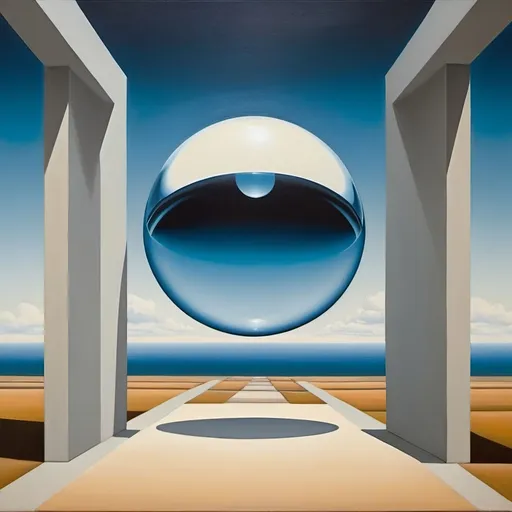 Prompt: a painting of a large blue sphere in a room with columns and a sky background with clouds and a blue sky