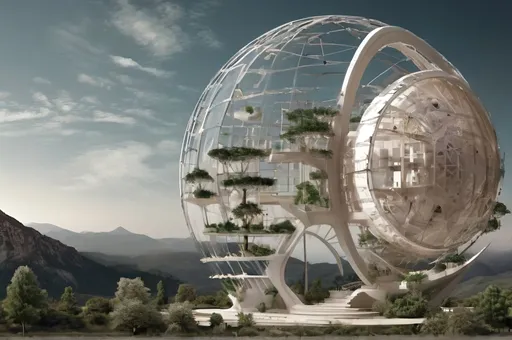 Prompt: a futuristic building with a tree growing inside of it's structure and a mountain in the background with clouds, solarpunk, a digital rendering