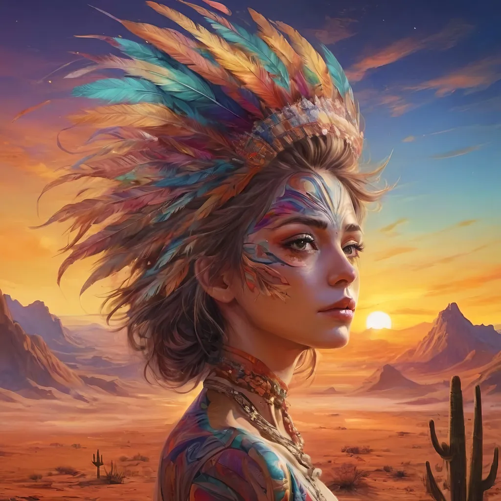 Prompt: a woman with a feathered headdress and a cactus in the background