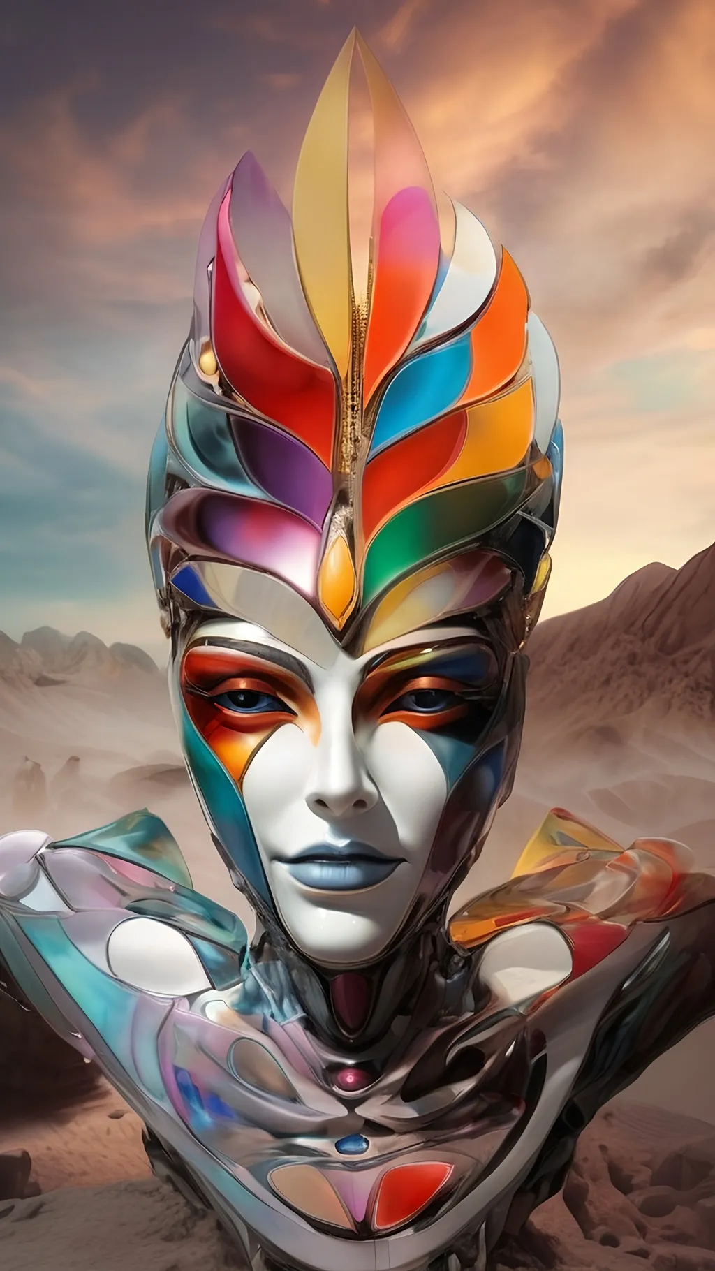 Prompt: a woman with a colorful face and a large head with a large amount of feathers on her head and a sky background