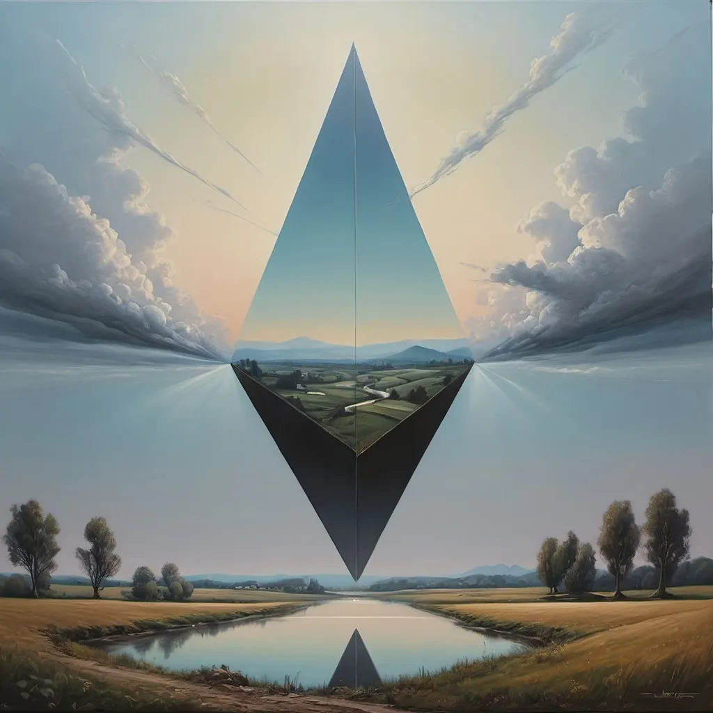 Prompt: a painting of a triangle with a lake in the middle of it and a sky with clouds above it