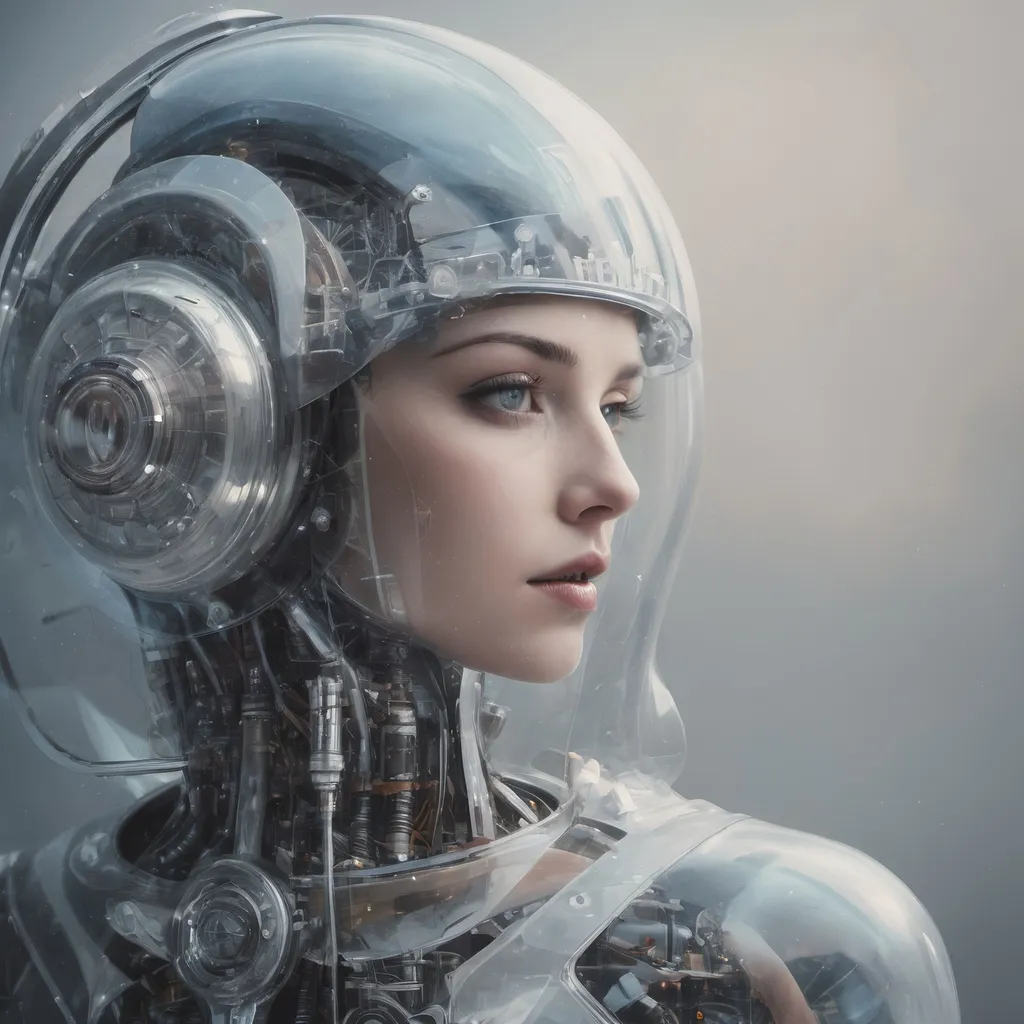 Prompt: a woman with a futuristic helmet on her head and a robotic body behind her head, looking to the side, cyber