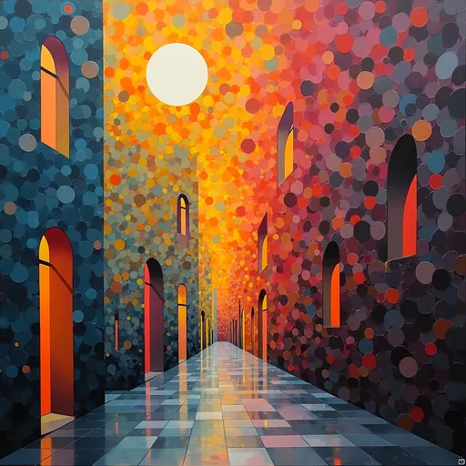 Prompt: a painting of a hallway with a tiled floor and a sun in the sky above it and a tiled floor, geometric abstract art, colorful flat surreal design, an ultrafine detailed painting