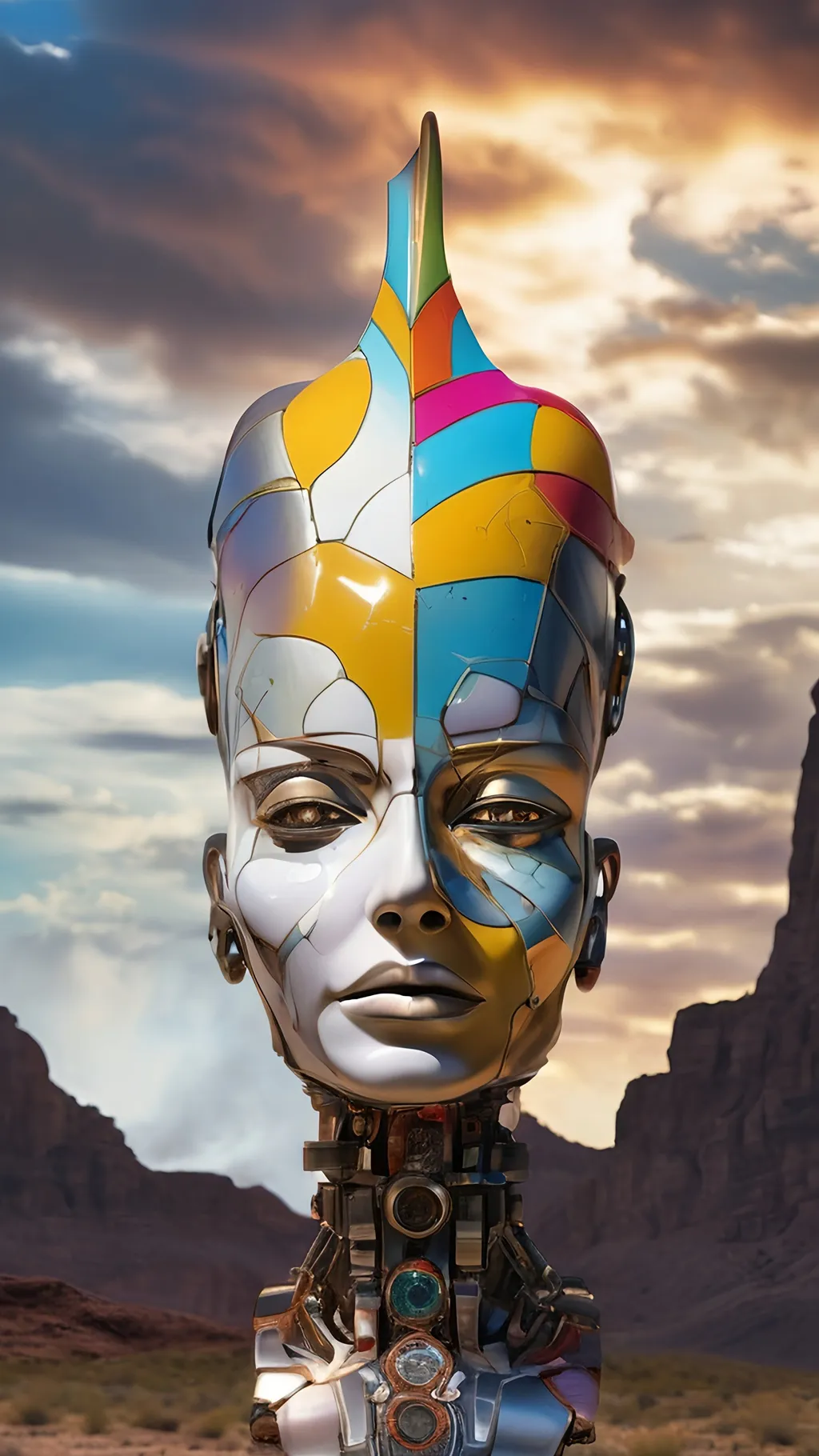 Prompt: a digital painting of a woman's face with a multicolored face and neck and headpiece