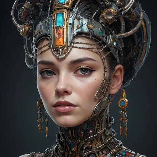Prompt: a woman with a weird headpiece and a necklace on her head, fantasy art