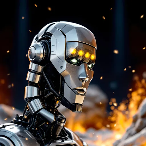 Prompt: A sleek and futuristic humanoid robot stands prominently, its shiny silver exterior reflecting the surrounding fiery glow. The face is characterized by striking features, including piercing green eyes and five luminescent lights atop its forehead, which emanate a bold, glowing orange. Behind the robot, the chaotic backdrop features flickering flames and fragments of debris, conveying a sense of intense action or destruction. The combination of sharp metallic textures and dramatic lighting evokes an atmosphere of both advanced technology and impending danger, hinting at a narrative steeped in sci-fi themes of artificial intelligence and conflict.