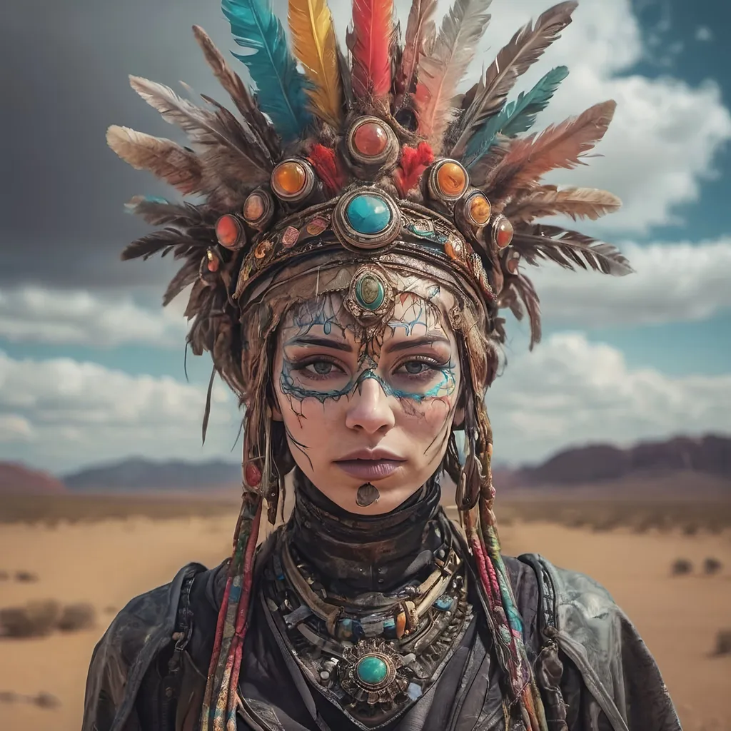 Prompt: a woman with a feather headdress on her head in the desert, with a cloudy sky in the background