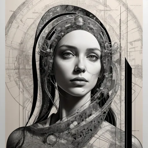 Prompt: a woman with a futuristic headdress and a futuristic dress is shown in this black and white photo, golden ratio illustration, cyberpunk art