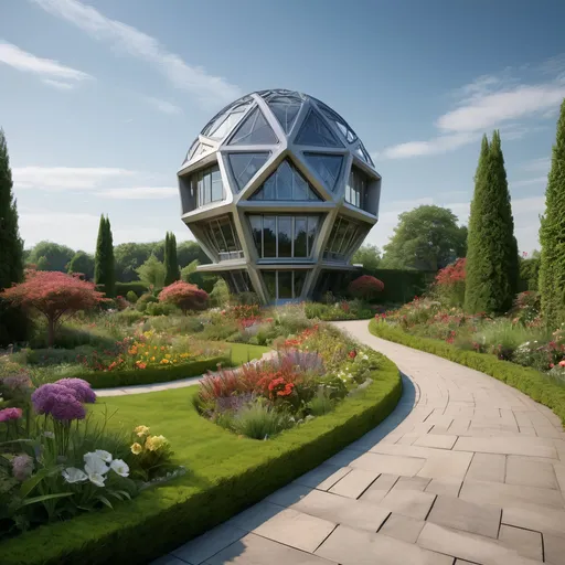 Prompt: a circular building with a glass roof surrounded by flowers and trees on a sunny day with a path leading to it, solarpunk, a digital rendering