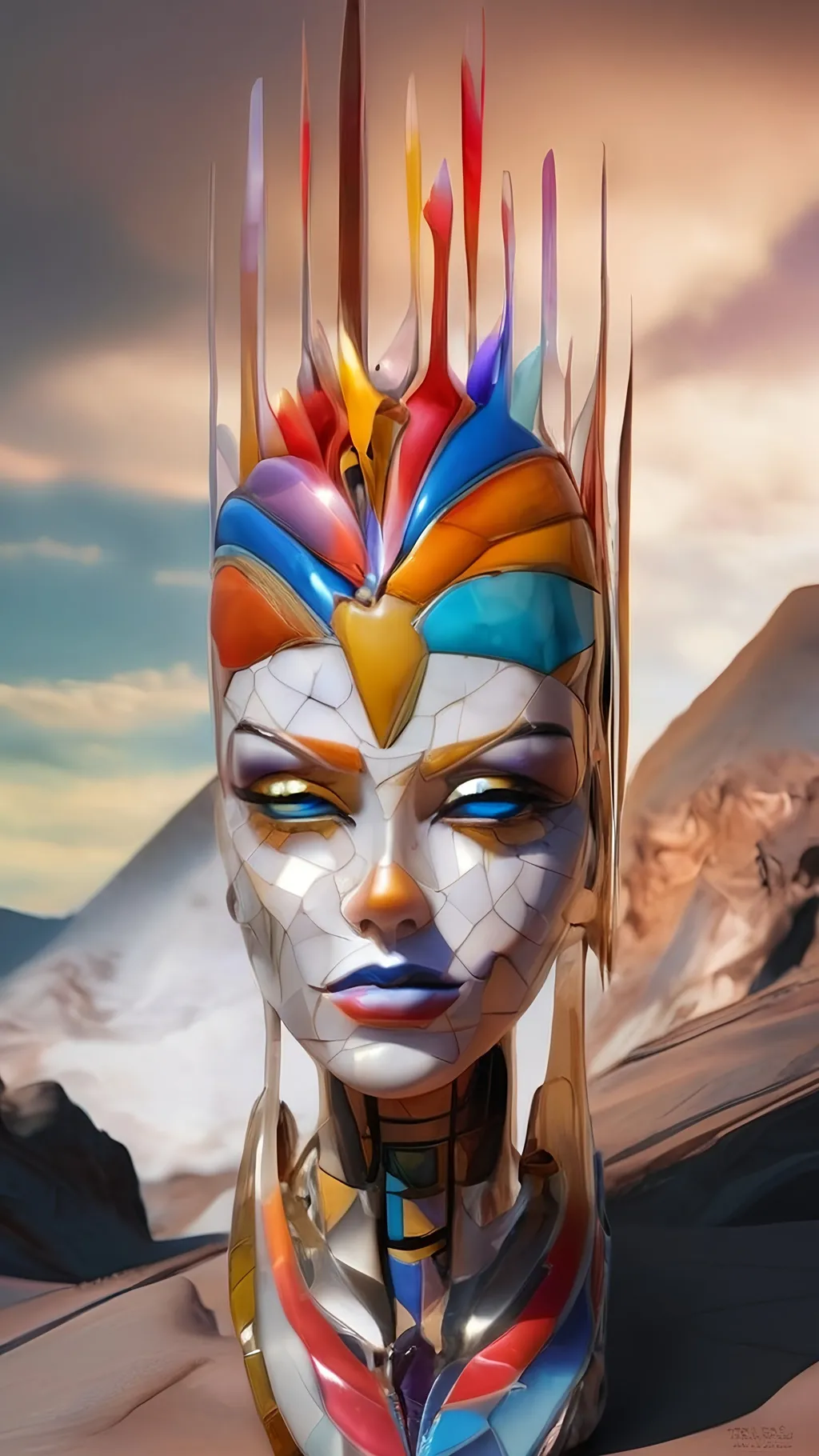 Prompt: a digital painting of a woman with a strange headpiece on her head and a mountain in the background