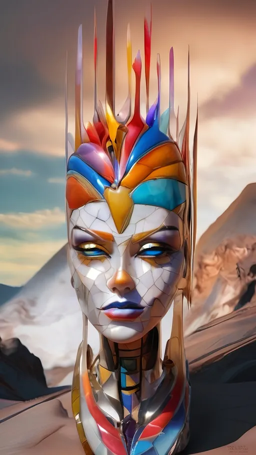 Prompt: a digital painting of a woman with a strange headpiece on her head and a mountain in the background