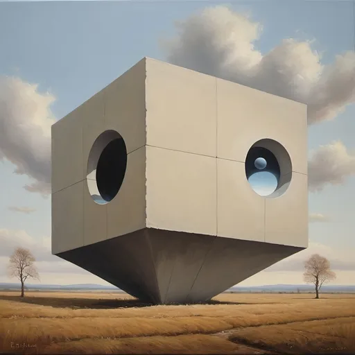 Prompt: a painting of a cube with two windows and a sky background with clouds above it and a field with trees, a surrealist painting