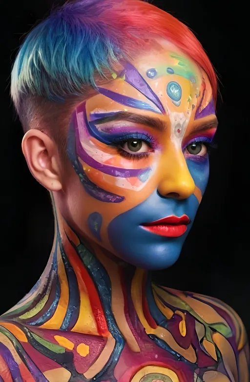 Prompt: a woman with colorful body paint on her face and chest, with a black background photo, neo-fauvism
