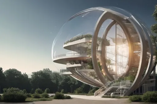 Prompt: a futuristic building with a spiral staircase going up the side of it and trees around it and a sky background, panfuturism, solarpunk, a digital rendering
