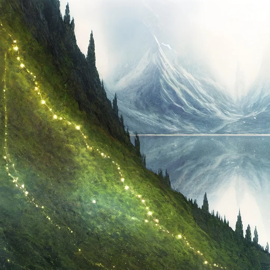 Prompt: a painting of a mountain with a line of lights on it's side, fantasy art, matte painting concept art, a detailed matte painting