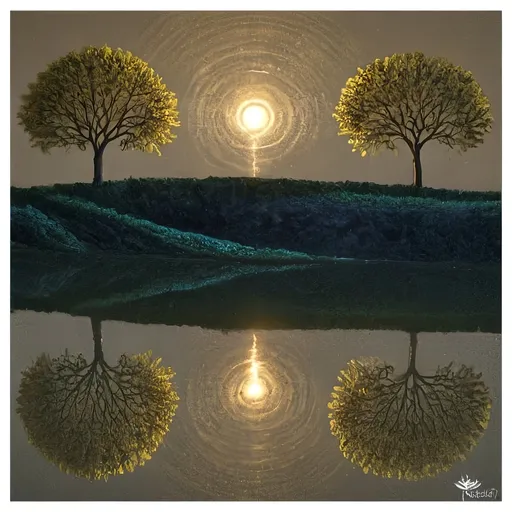 Prompt: a painting of three trees with a sun in the background and a reflection in the water of the water, magic realism, caustics, an airbrush painting