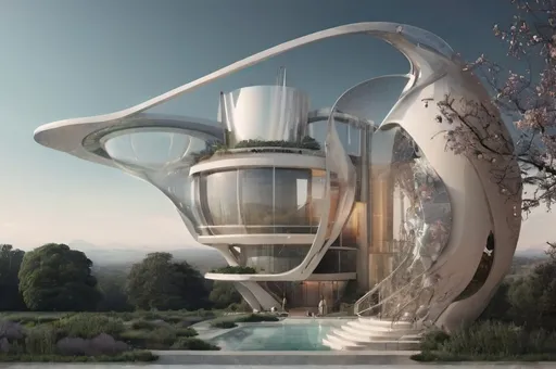 Prompt: a futuristic building with a spiral staircase and a pool in front of it, surrounded by trees and bushes, futuristic, a digital rendering