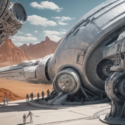 Prompt: a futuristic space station with a large metal object in the middle of it's ground area and people standing around it, redshift render
