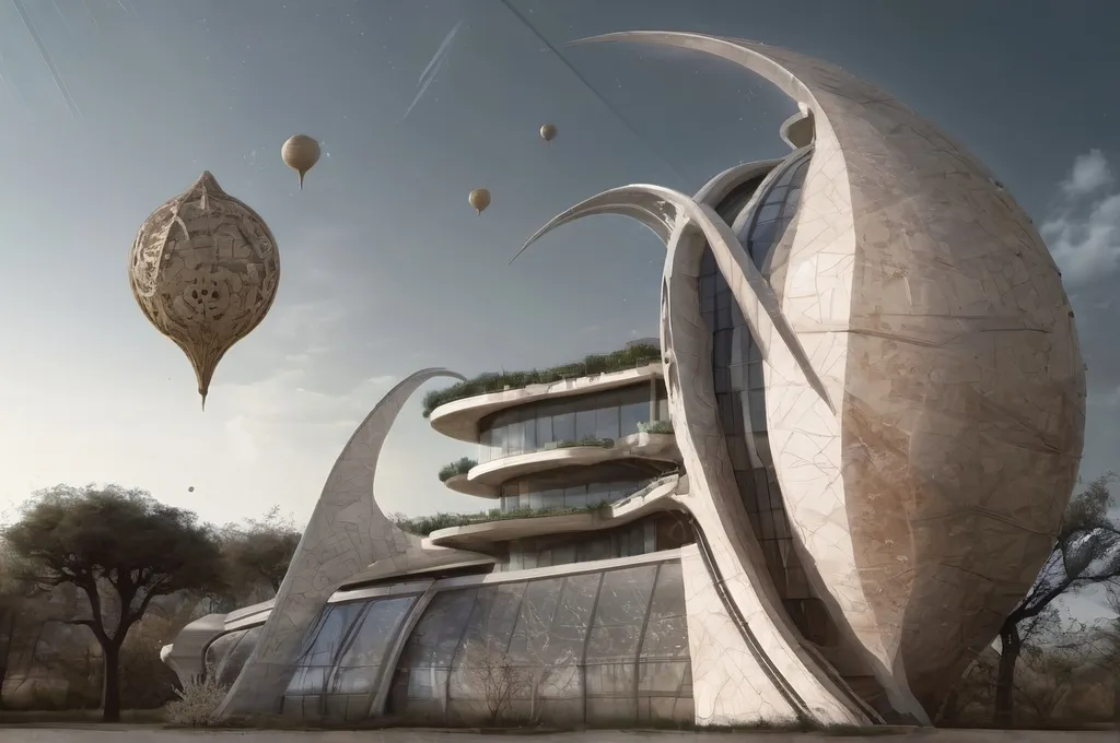 Prompt: a futuristic building with a lot of balloons flying around it and a sky background with a few clouds in the sky, afrofuturism, solarpunk, a digital rendering